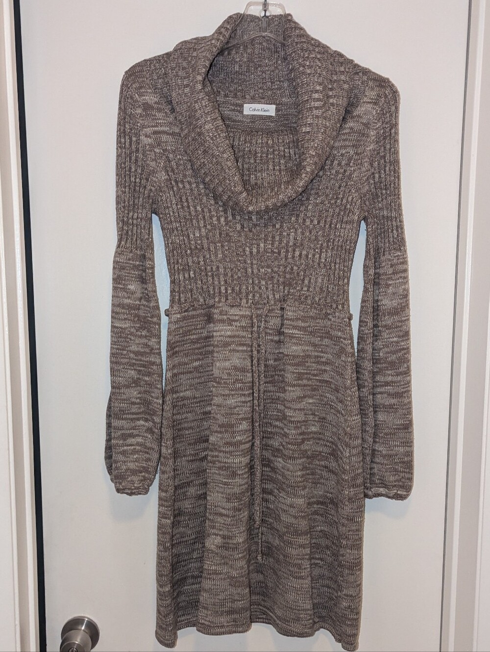 Calvin Klein Beige Grey Cowl Neck Drawstring Waist Midi Sweater Dress